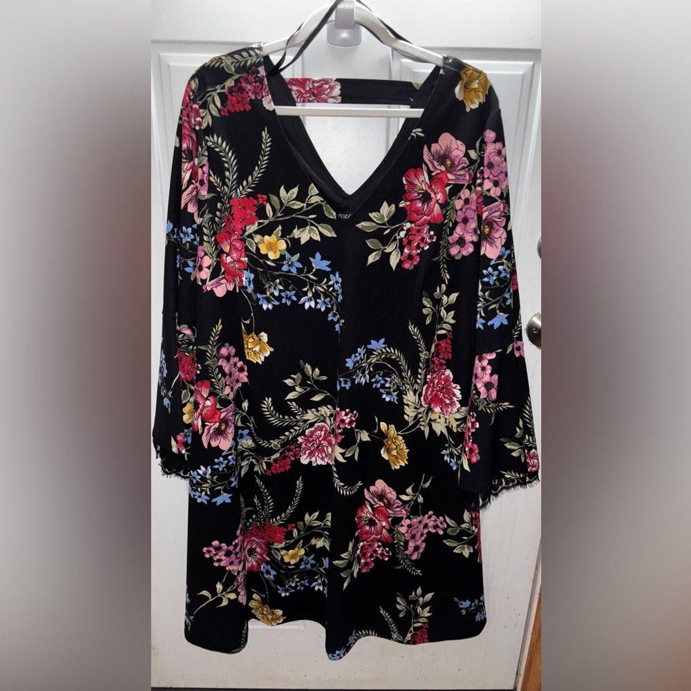 Roz & Ali Boho Lace Flare Sleeves Black Dress with Colorful Floral Design~3xNWOT